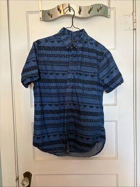 21 Men Men's Blue Short-Sleeve Patterned Button-Up Shirt Size M